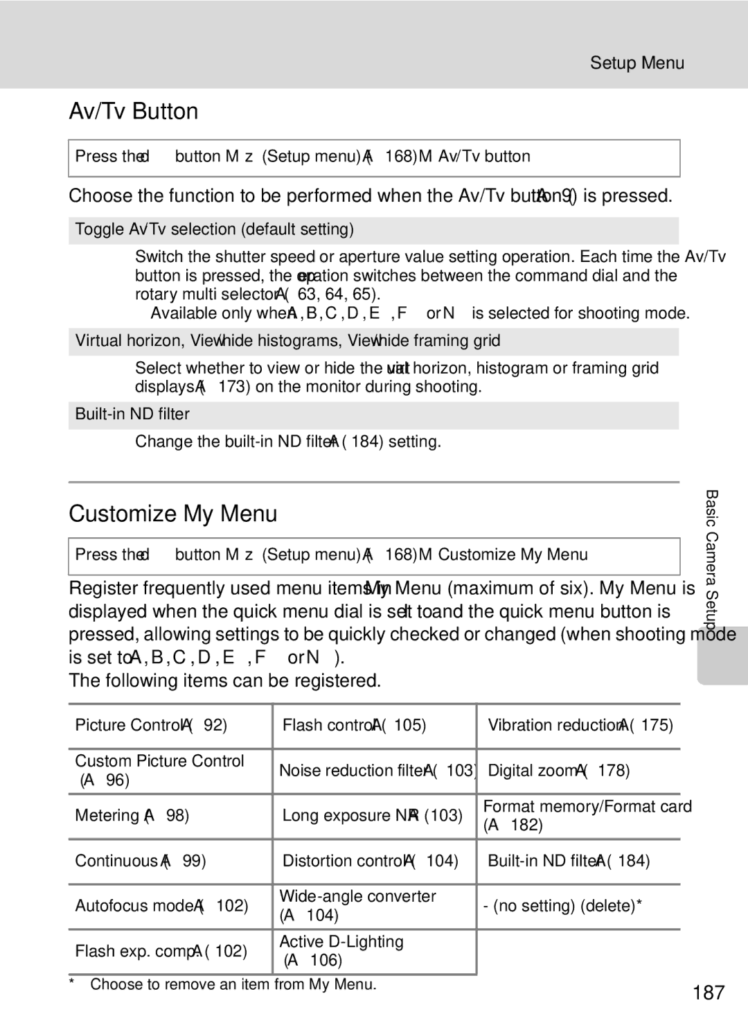 Nikon COOLPIXP7000 user manual Av/Tv Button, Customize My Menu, 187 