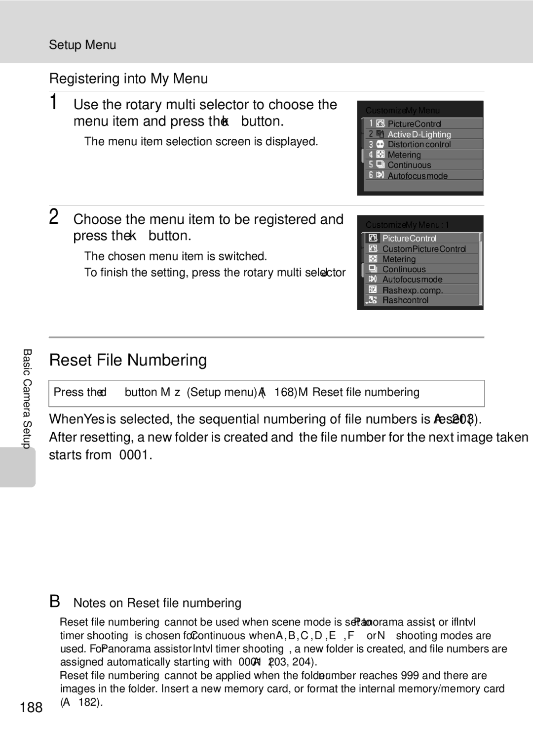 Nikon COOLPIXP7000 user manual Reset File Numbering, Registering into My Menu, 188 