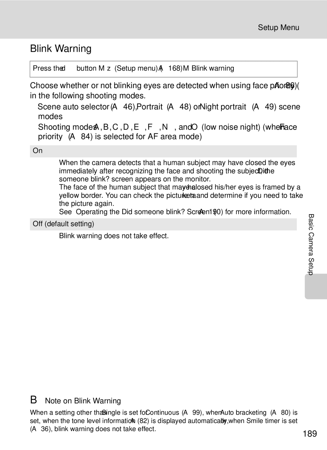 Nikon COOLPIXP7000 user manual Blink Warning, 189, Press the dbutton MzSetup menu A168 MBlink warning 