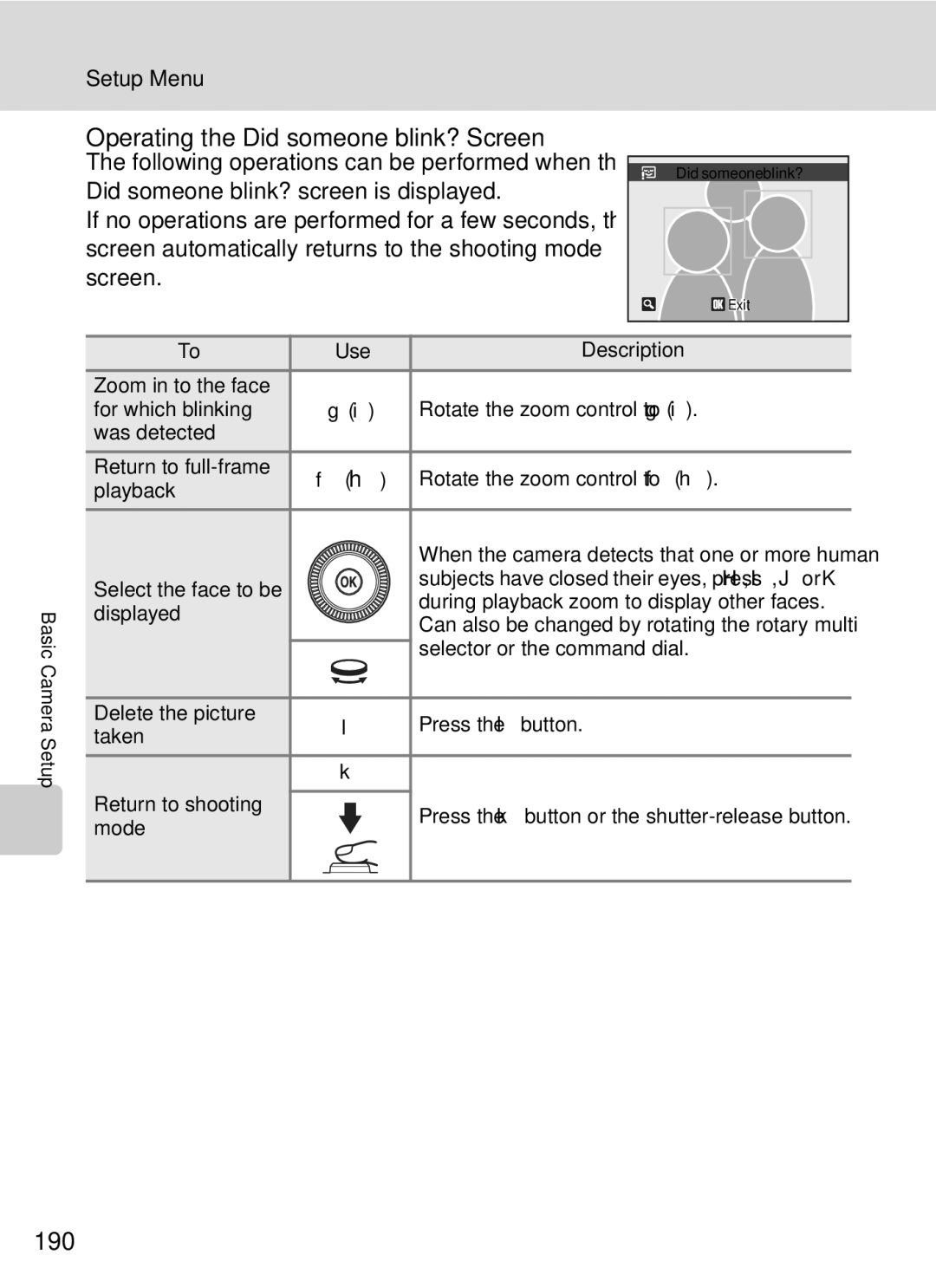 Nikon COOLPIXP7000 Operating the Did someone blink? Screen, 190, Select the face to be, Selector or the command dial 