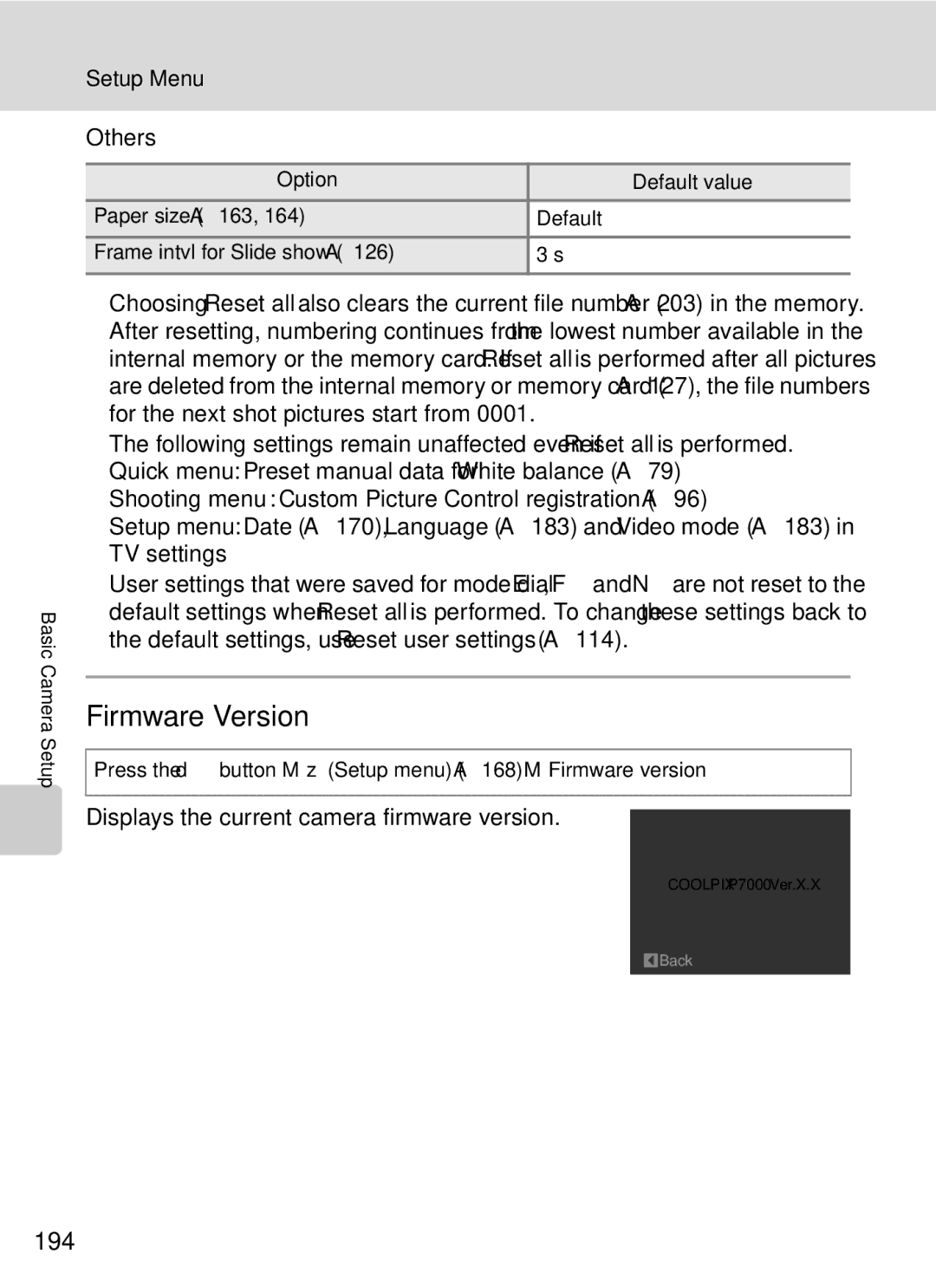 Nikon COOLPIXP7000 user manual Firmware Version, 194, Others, Displays the current camera firmware version 