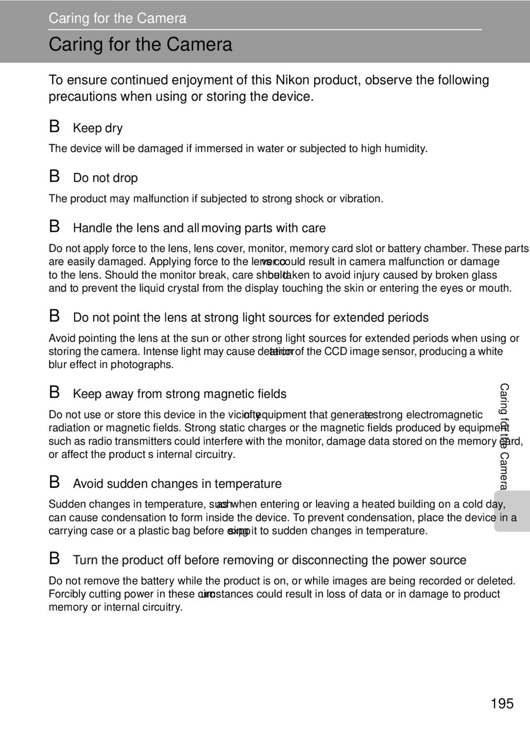 Nikon COOLPIXP7000 user manual Caring for the Camera, 195 