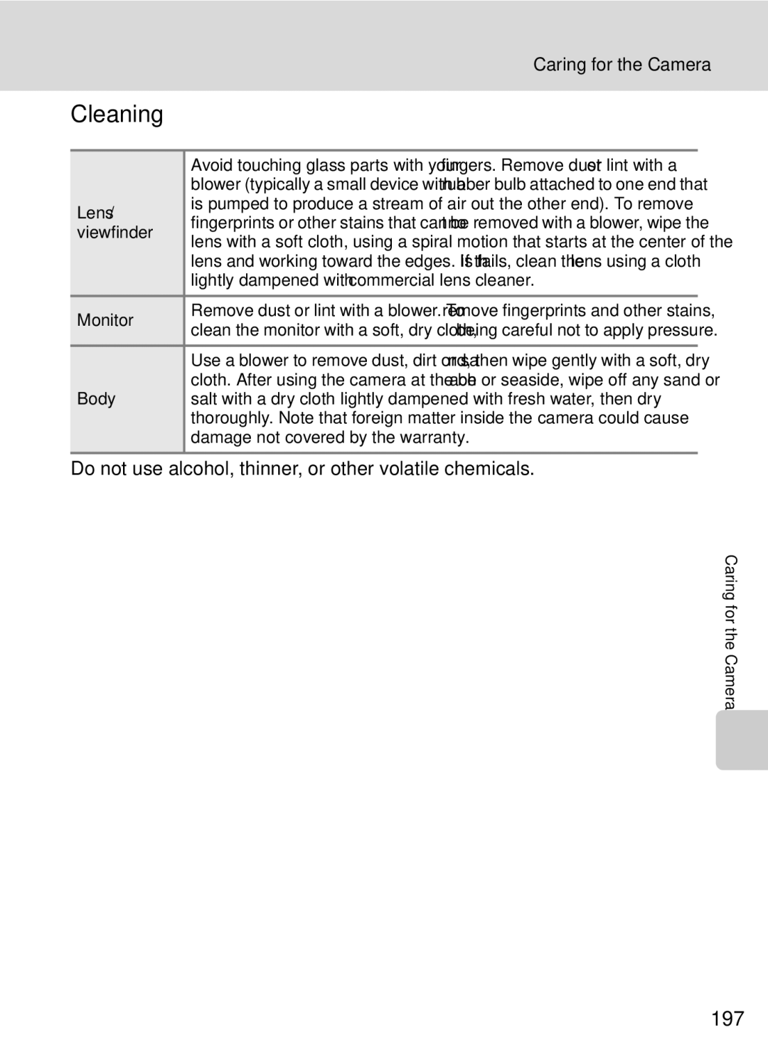 Nikon COOLPIXP7000 user manual Cleaning, 197, Do not use alcohol, thinner, or other volatile chemicals 