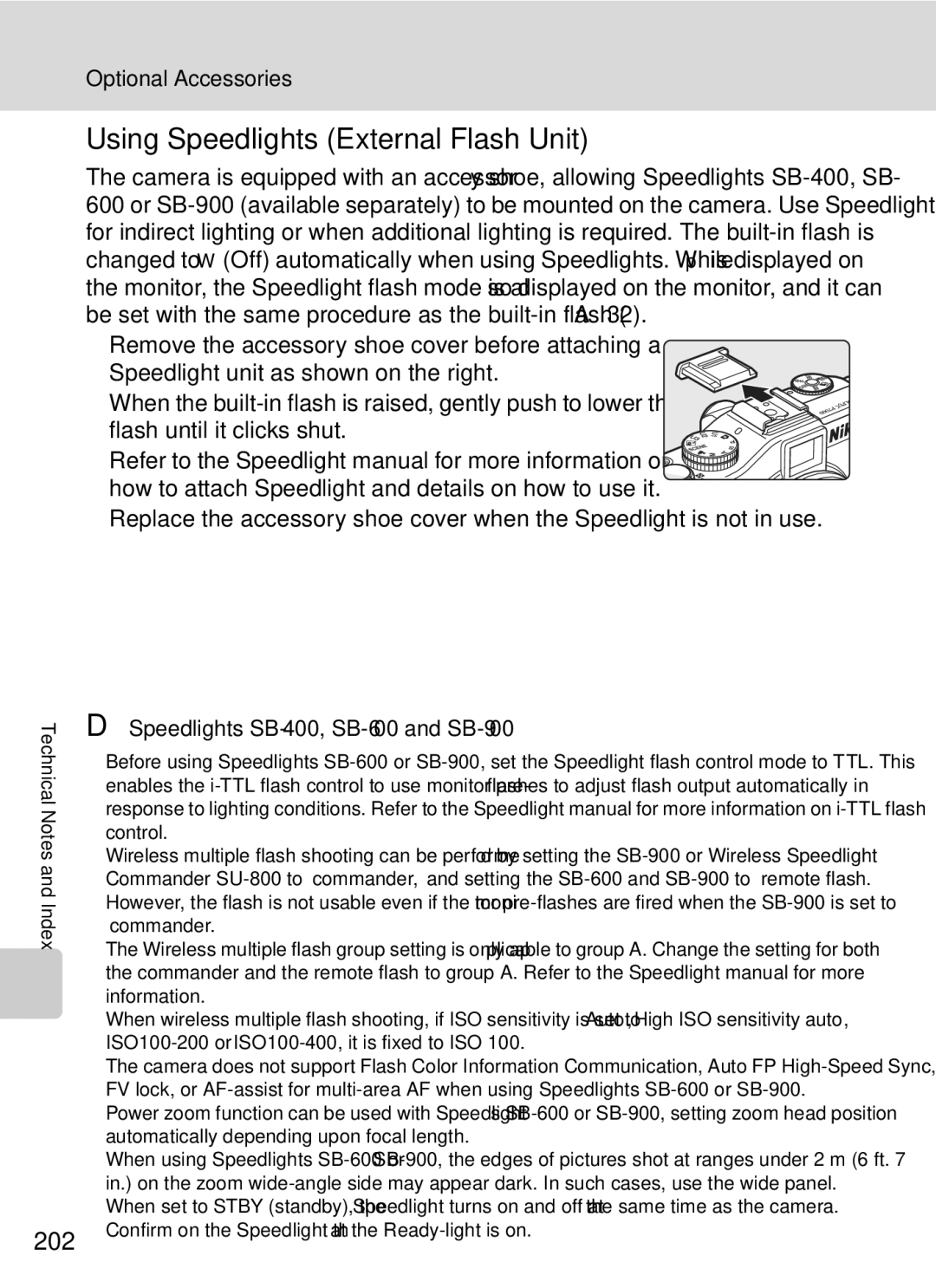 Nikon COOLPIXP7000 user manual Using Speedlights External Flash Unit, 202, Speedlights SB-400, SB-600 and SB-900 