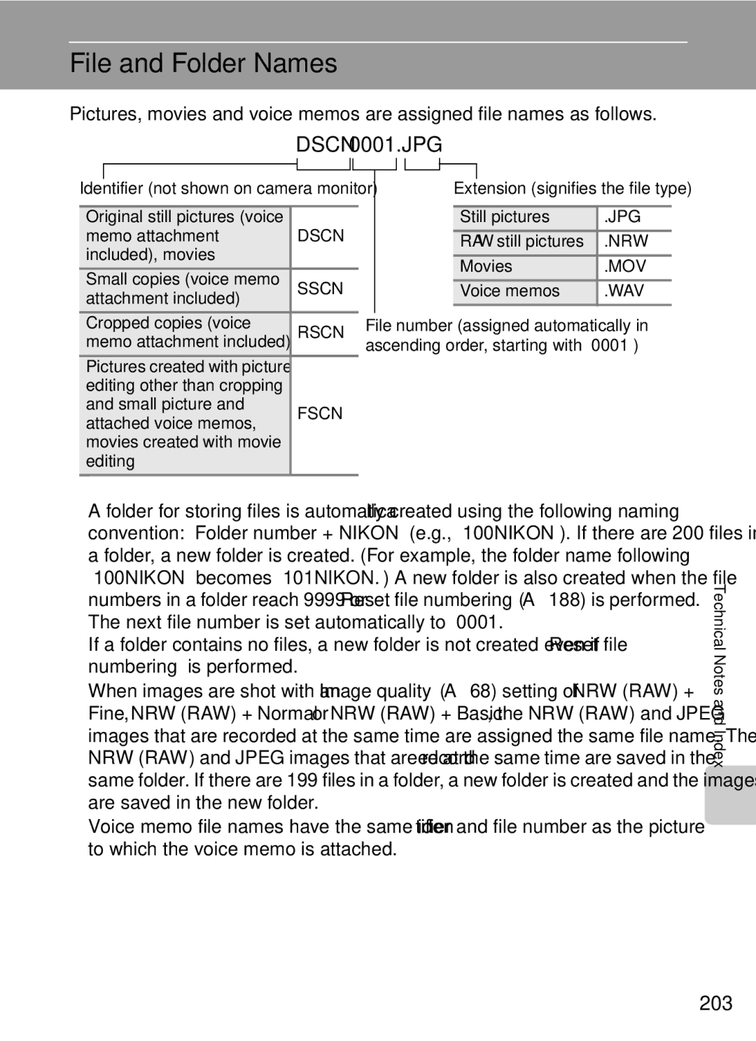 Nikon COOLPIXP7000 user manual File and Folder Names, 203 