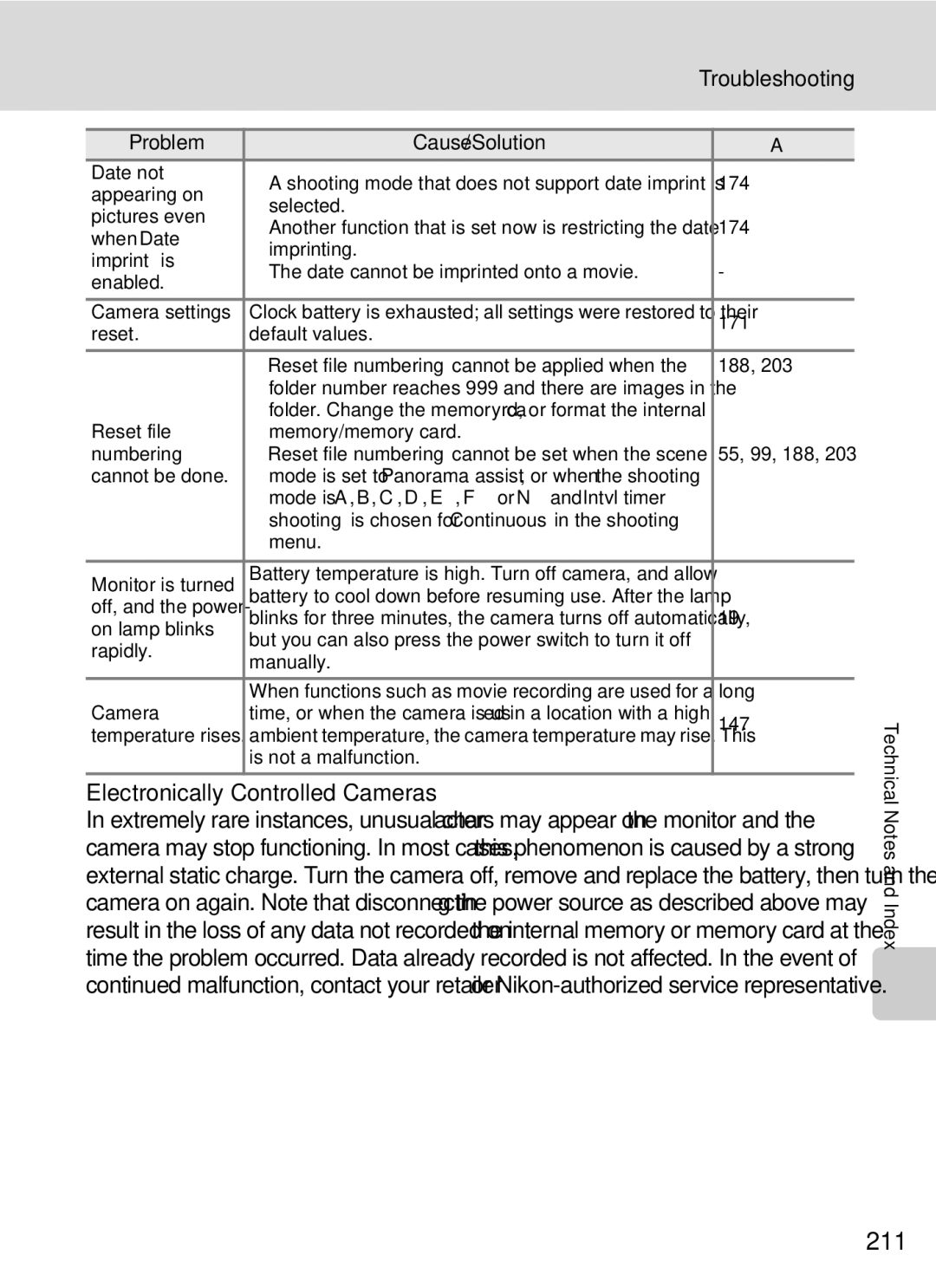 Nikon COOLPIXP7000 user manual 211, Troubleshooting, Electronically Controlled Cameras 