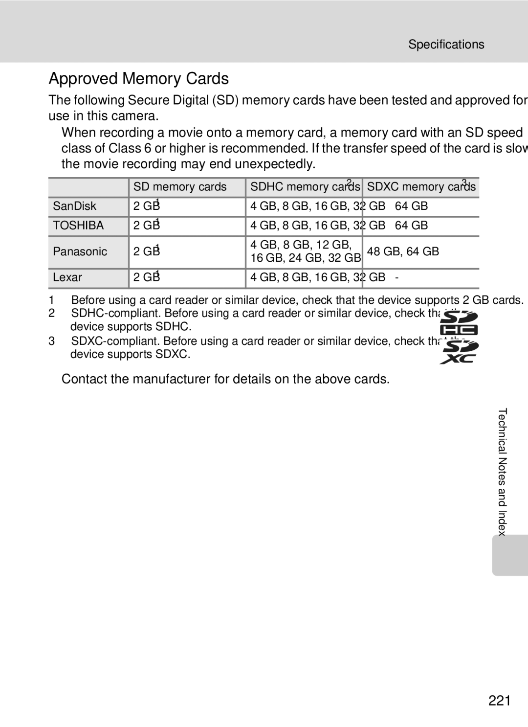 Nikon COOLPIXP7000 user manual Approved Memory Cards, 221, Contact the manufacturer for details on the above cards 