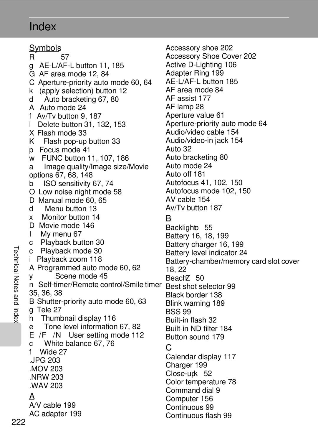 Nikon COOLPIXP7000 user manual Index, Symbols, 222 