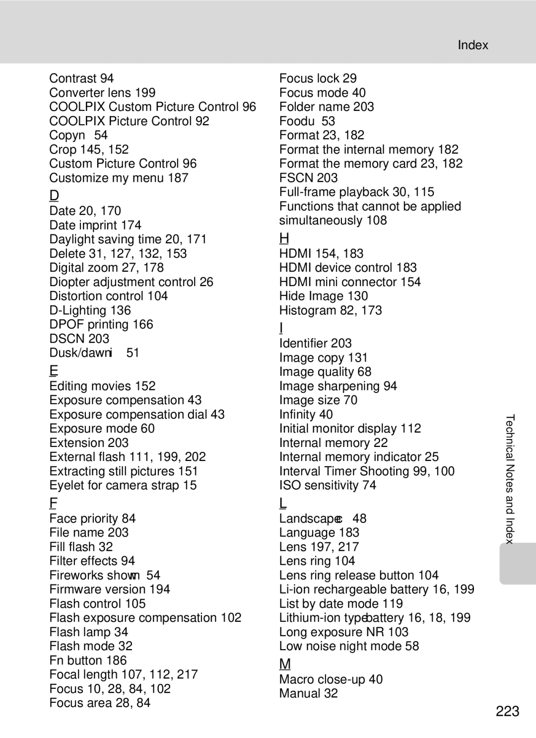 Nikon COOLPIXP7000 user manual 223, Index, Coolpix Custom Picture Control 96 Coolpix Picture Control 