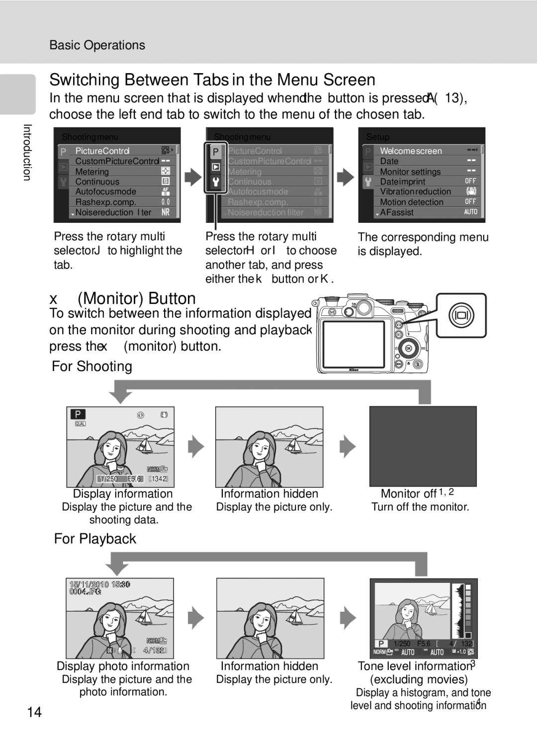 Nikon COOLPIXP7000 user manual Switching Between Tabs in the Menu Screen, XMonitor Button 