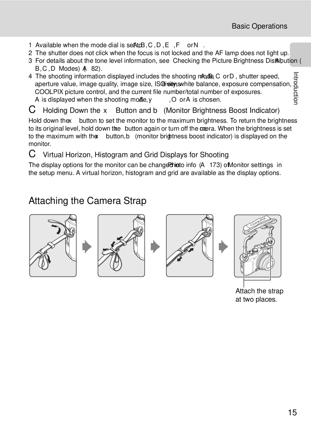 Nikon COOLPIXP7000 user manual Attaching the Camera Strap, Virtual Horizon, Histogram and Grid Displays for Shooting 