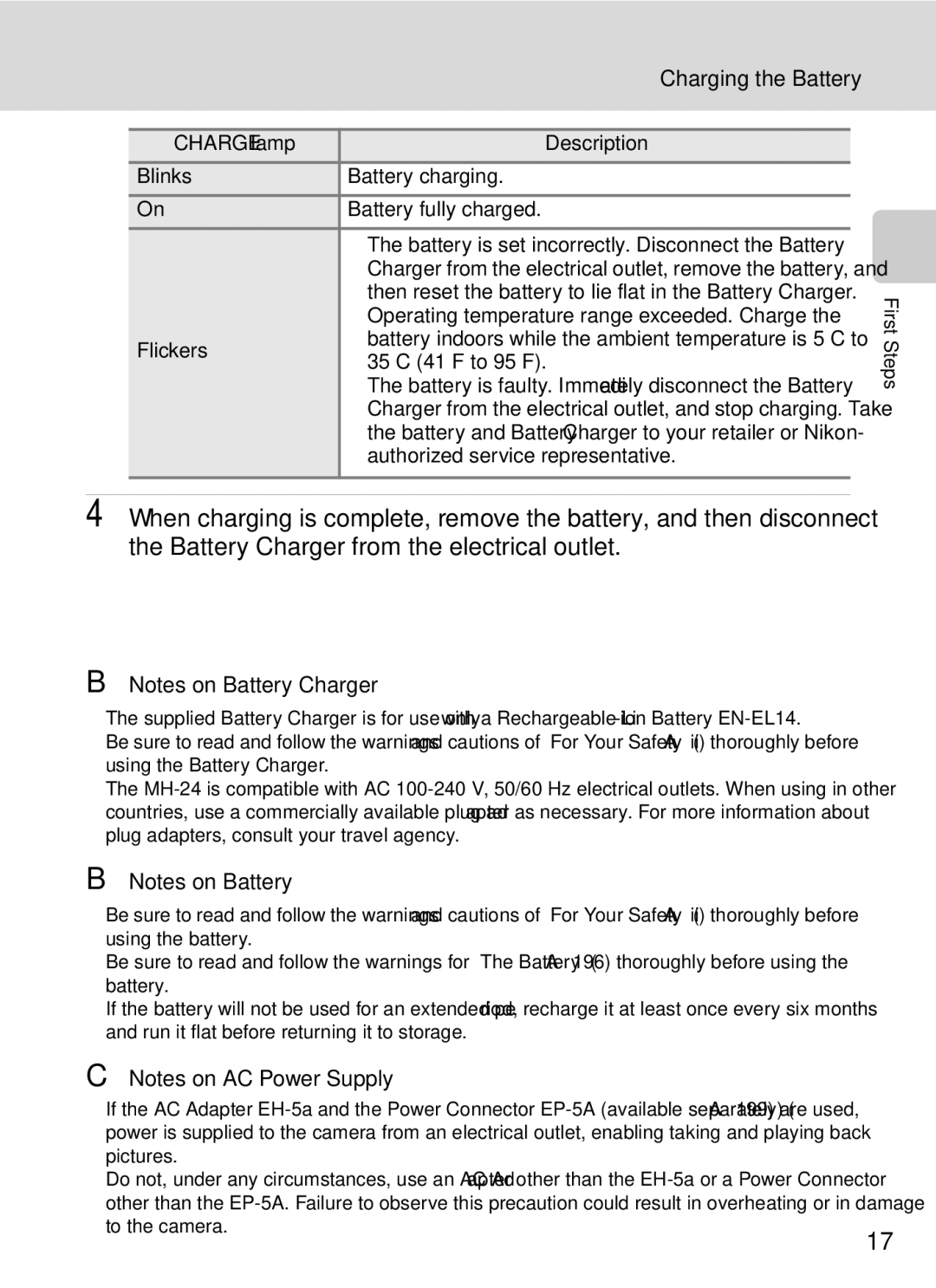 Nikon COOLPIXP7000 user manual Charging the Battery, Flickers, 35C 41F to 95F, Authorized service representative 