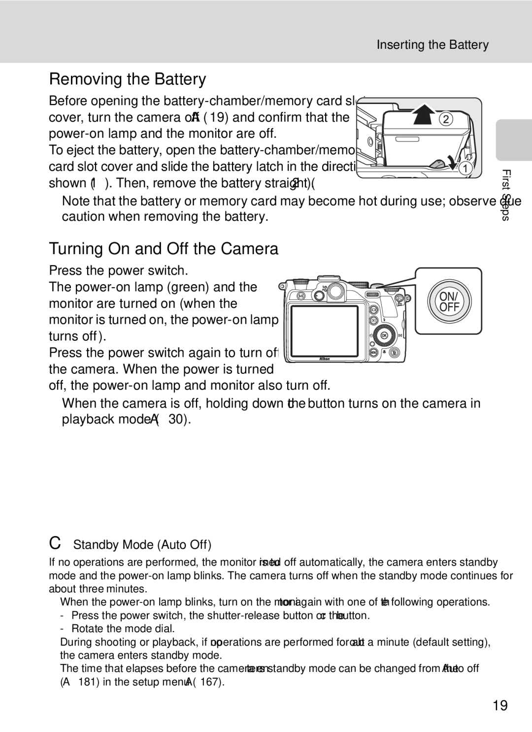 Nikon COOLPIXP7000 Removing the Battery, Turning On and Off the Camera, Inserting the Battery, Standby Mode Auto Off 