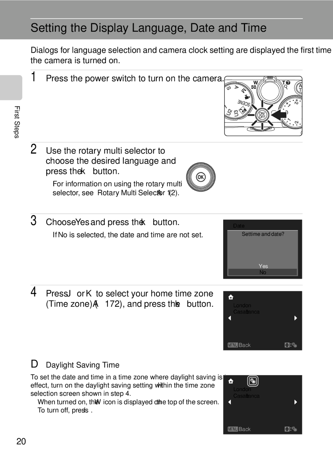 Nikon COOLPIXP7000 user manual Setting the Display Language, Date and Time, Press the power switch to turn on the camera 