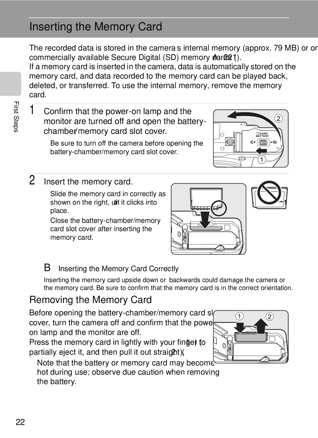 Nikon COOLPIXP7000 user manual Inserting the Memory Card, Removing the Memory Card, Insert the memory card 