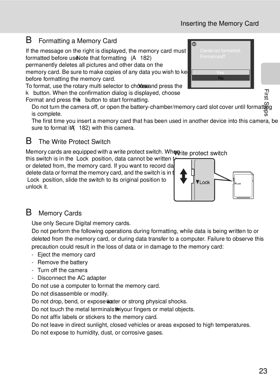 Nikon COOLPIXP7000 user manual Formatting a Memory Card, Write Protect Switch 