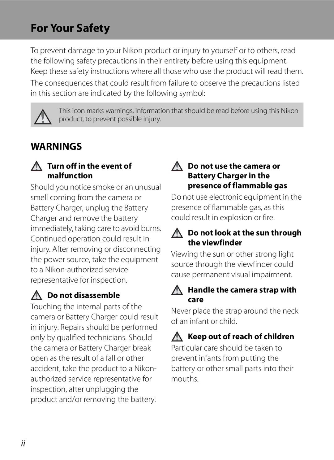 Nikon COOLPIXP7000 user manual For Your Safety 