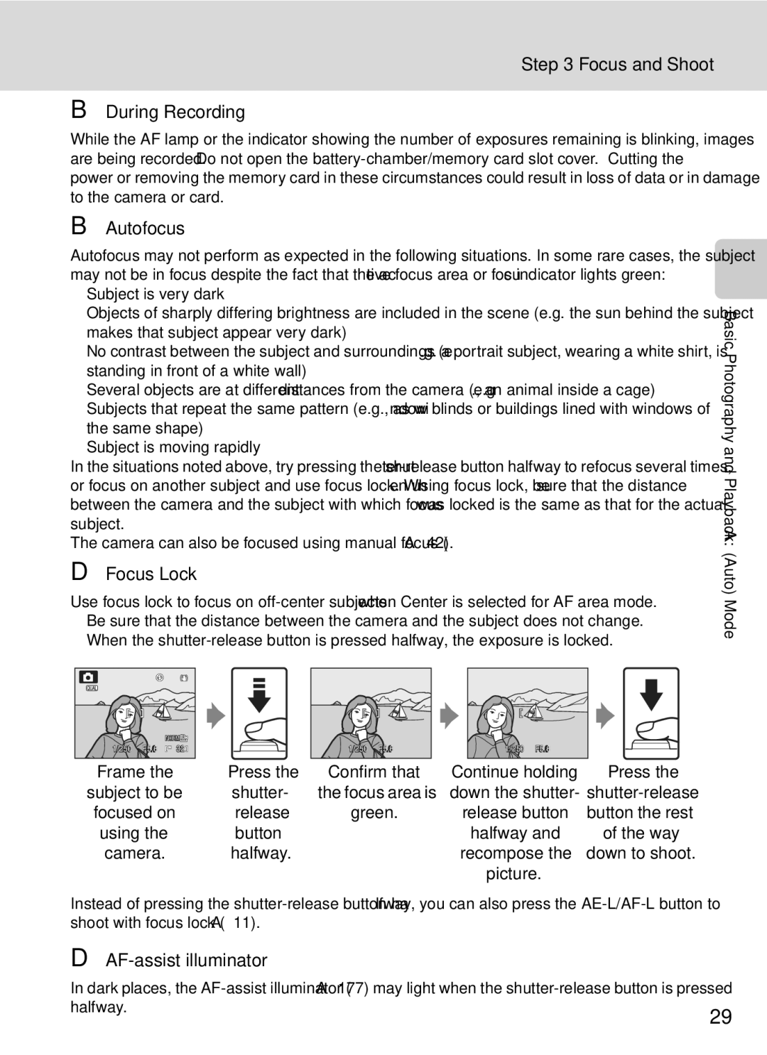 Nikon COOLPIXP7000 user manual Focus and Shoot, During Recording, Autofocus, Focus Lock, AF-assist illuminator 