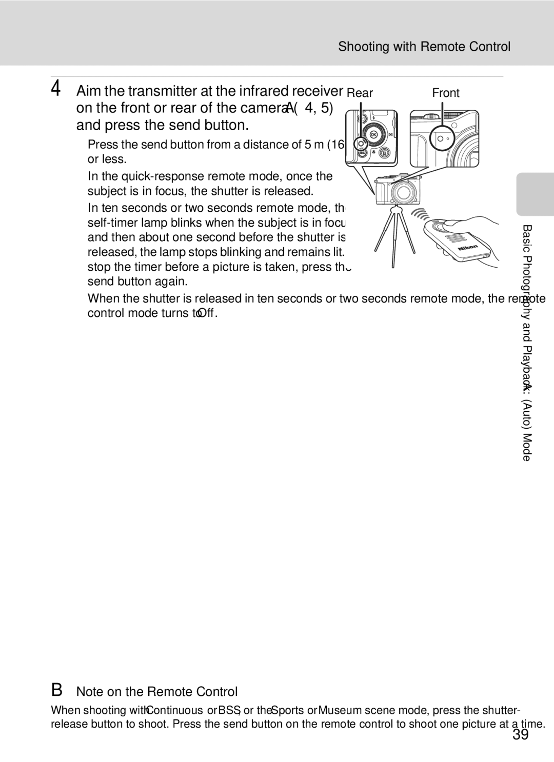 Nikon COOLPIXP7000 user manual Aim the transmitter at the infrared receiver Rear, Shooting with Remote Control 