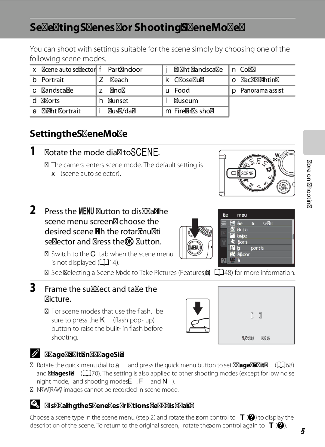 Nikon COOLPIXP7000 user manual Selecting Scenes for Shooting Scene Mode, Setting the Scene Mode, Rotate the mode dial to y 