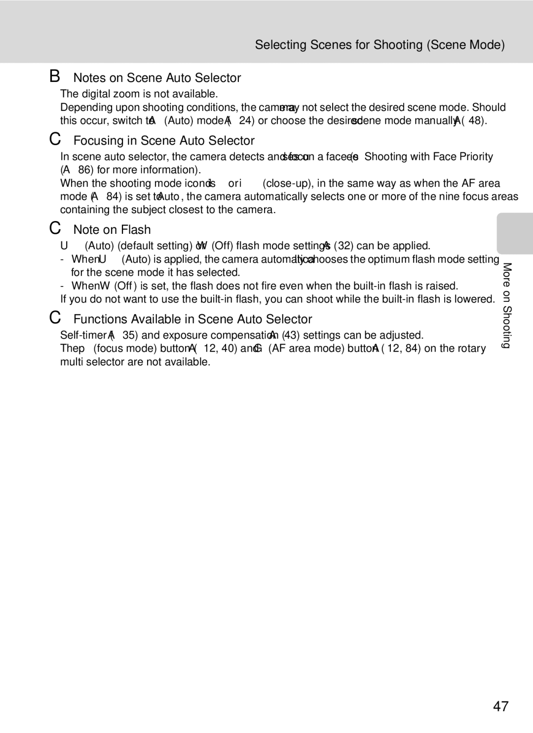 Nikon COOLPIXP7000 user manual Focusing in Scene Auto Selector, Functions Available in Scene Auto Selector 