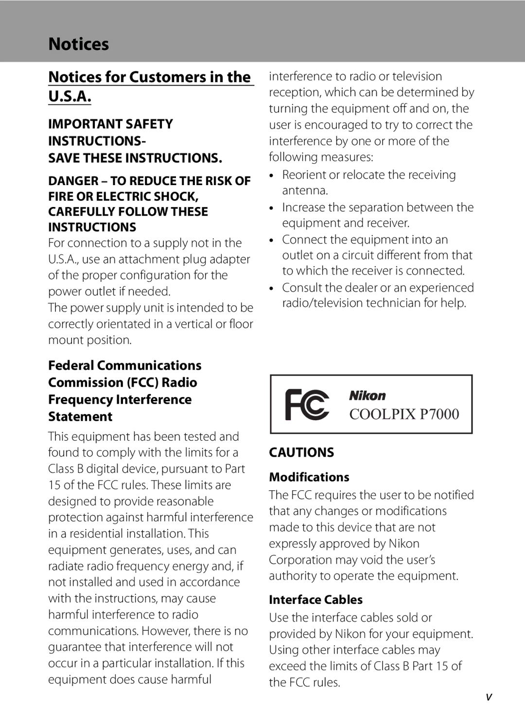 Nikon COOLPIXP7000 user manual Modifications, Interface Cables 