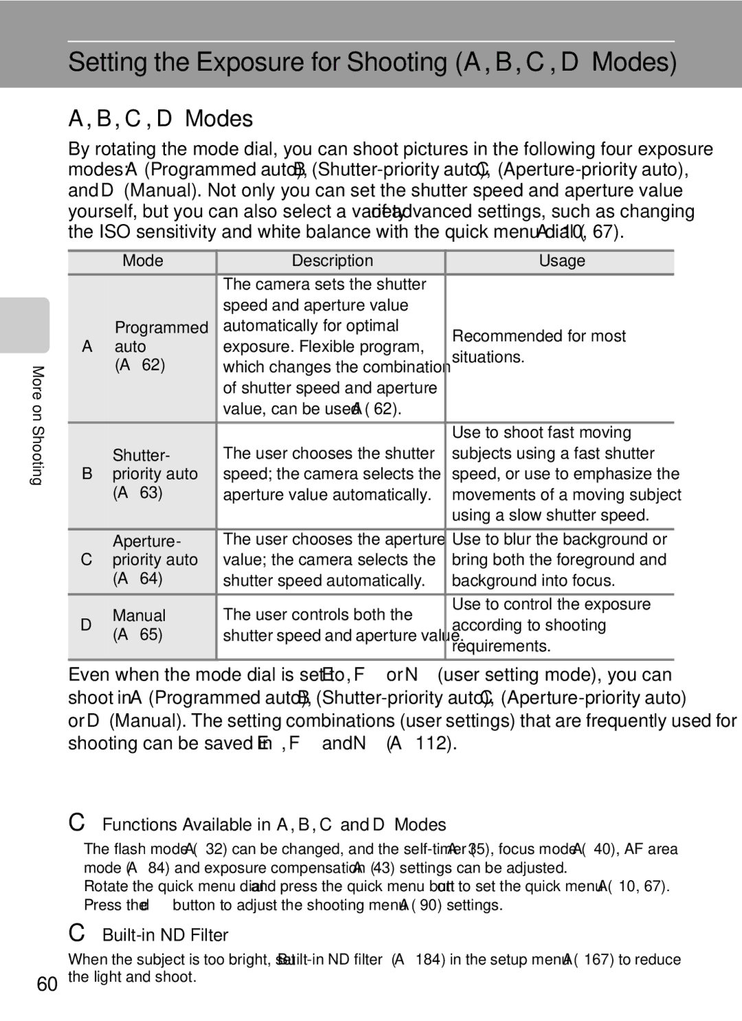 Nikon COOLPIXP7000 user manual Setting the Exposure for Shooting A, B, C, DModes, Functions Available in A, B, Cand DModes 