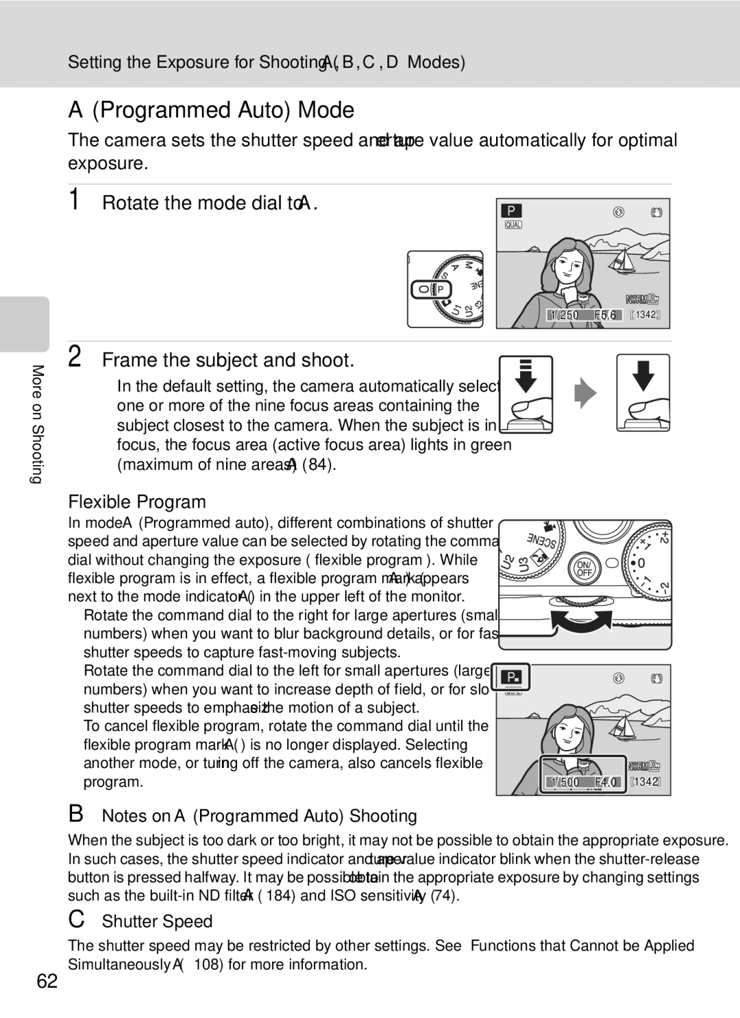 Nikon COOLPIXP7000 user manual AProgrammed Auto Mode, Frame the subject and shoot, Flexible Program, Shutter Speed 