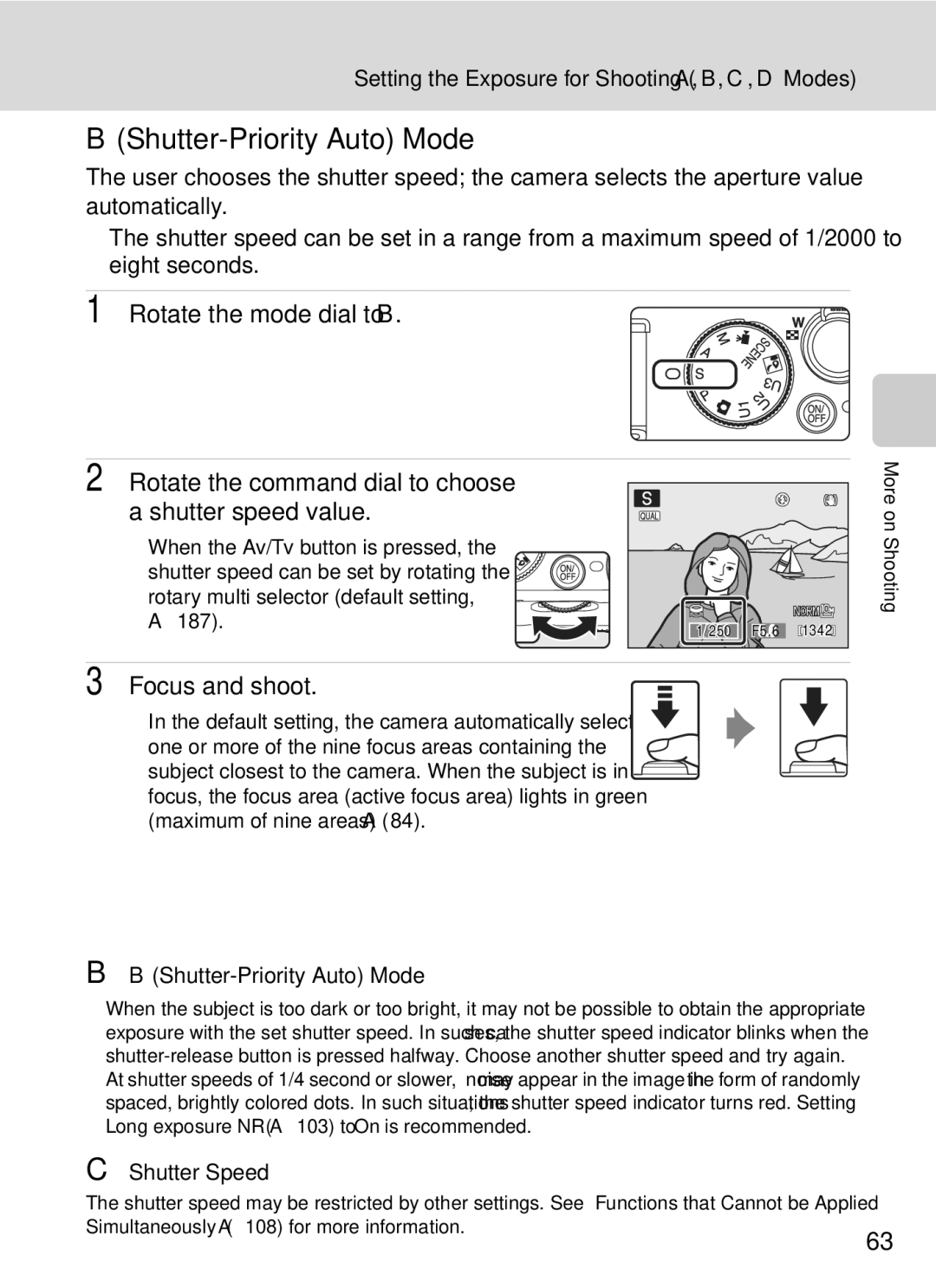 Nikon COOLPIXP7000 user manual Focus and shoot, BShutter-Priority Auto Mode 