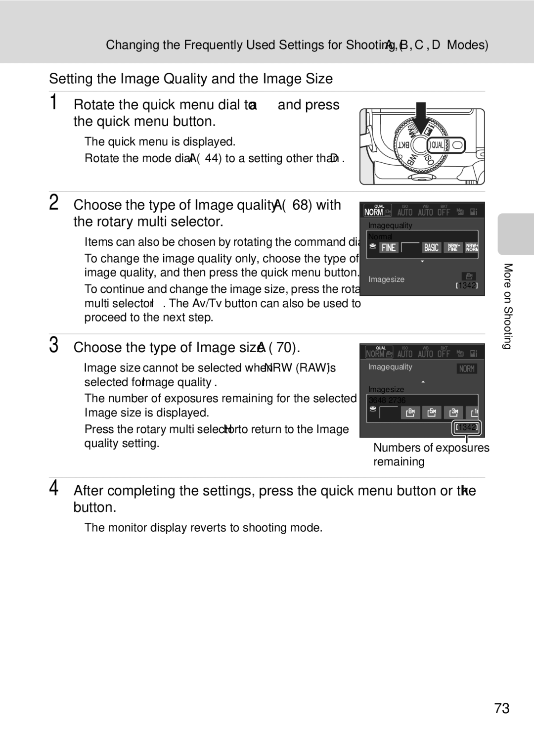 Nikon COOLPIXP7000 user manual Setting the Image Quality and the Image Size, Choose the type of Image size A70 