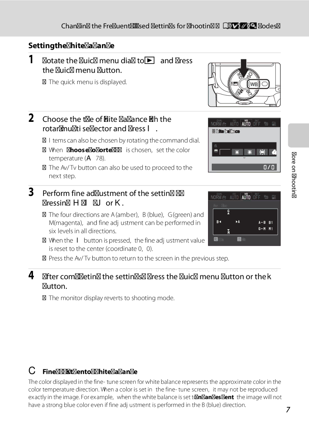 Nikon COOLPIXP7000 user manual Setting the White Balance, Fine Adjustment of White Balance 