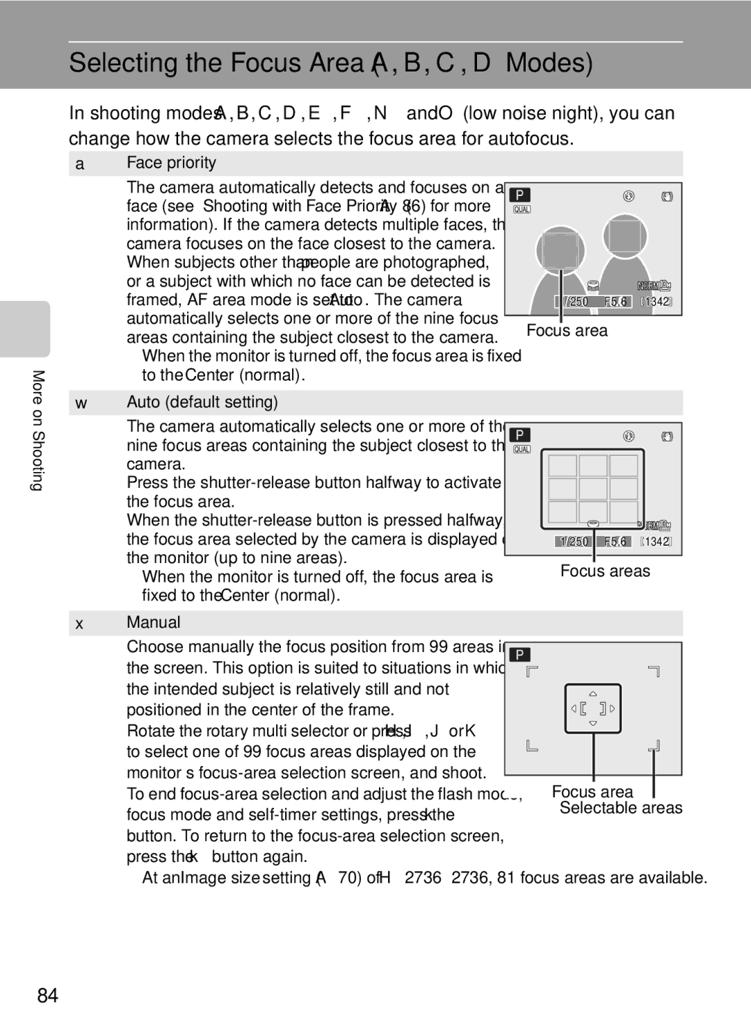 Nikon COOLPIXP7000 user manual Selecting the Focus Area A, B, C, DModes, Face priority, Focus areas Manual 