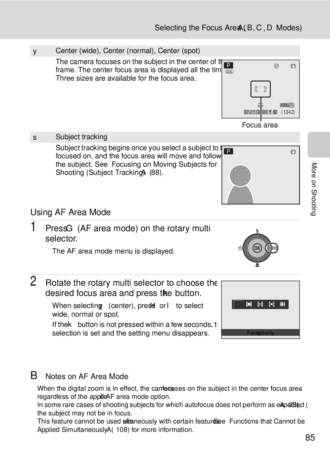 Nikon COOLPIXP7000 user manual Using AF Area Mode, Press GAF area mode on the rotary multi selector 