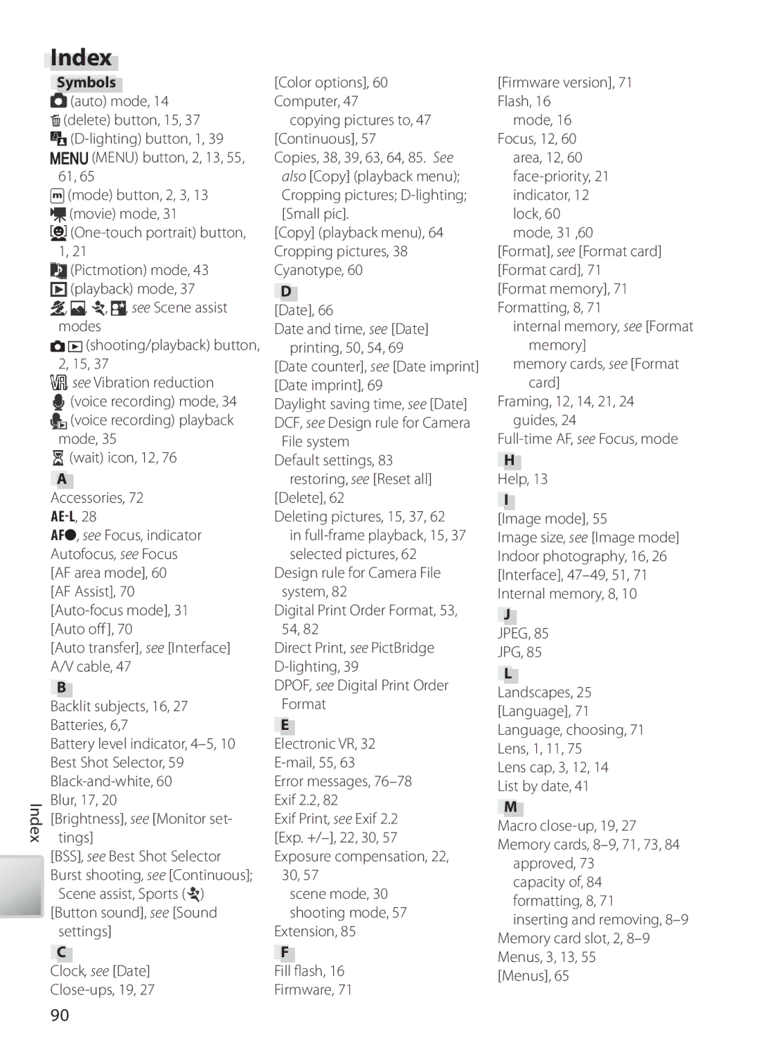 Nikon COOLPIXS10 manual Index, Symbols 