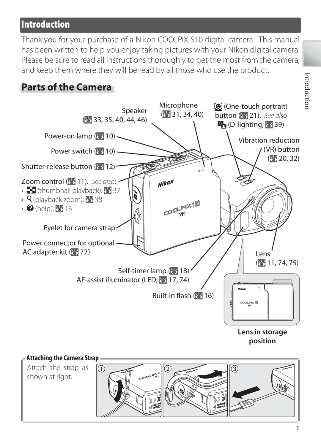 Nikon COOLPIXS10 manual Introduction, Parts of the Camera, Lens in storage Position Attaching the Camera Strap 