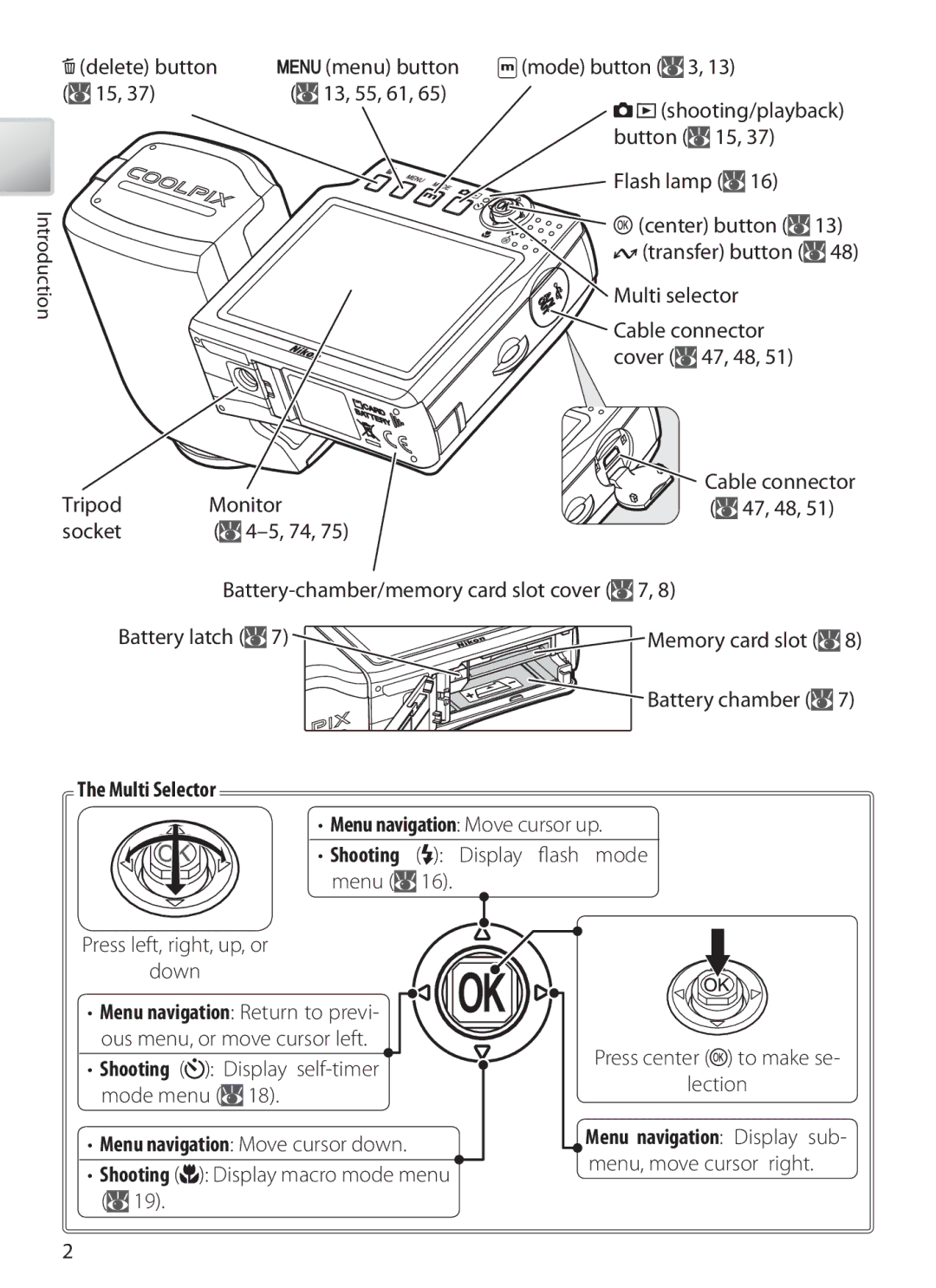 Nikon COOLPIXS10 manual Delete button, Tripod Monitor Socket, Multi selector, Battery latch, Down 