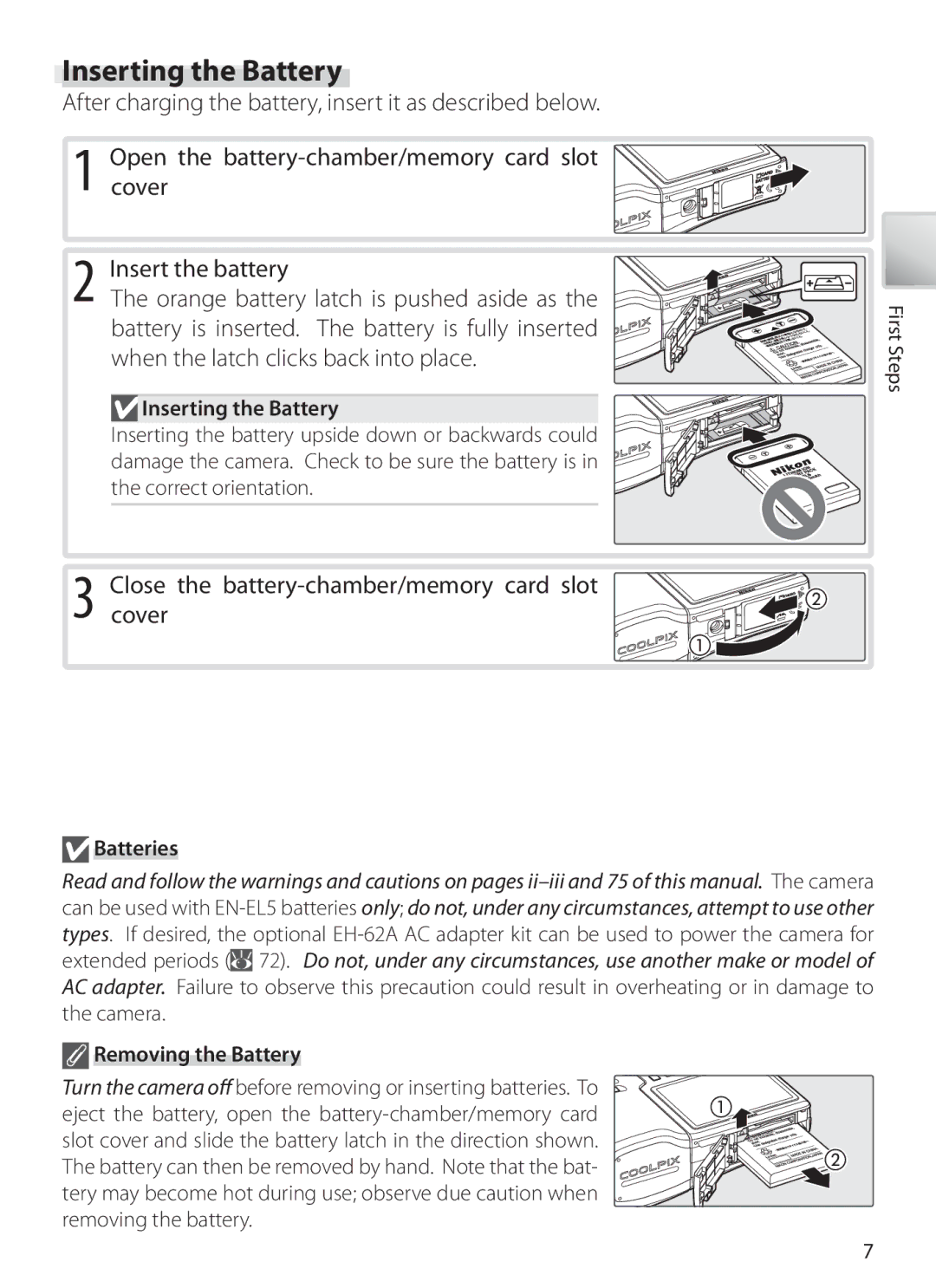 Nikon COOLPIXS10 manual Inserting the Battery, After charging the battery, insert it as described below 