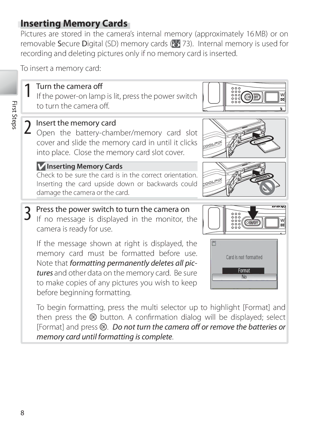 Nikon COOLPIXS10 manual Inserting Memory Cards 