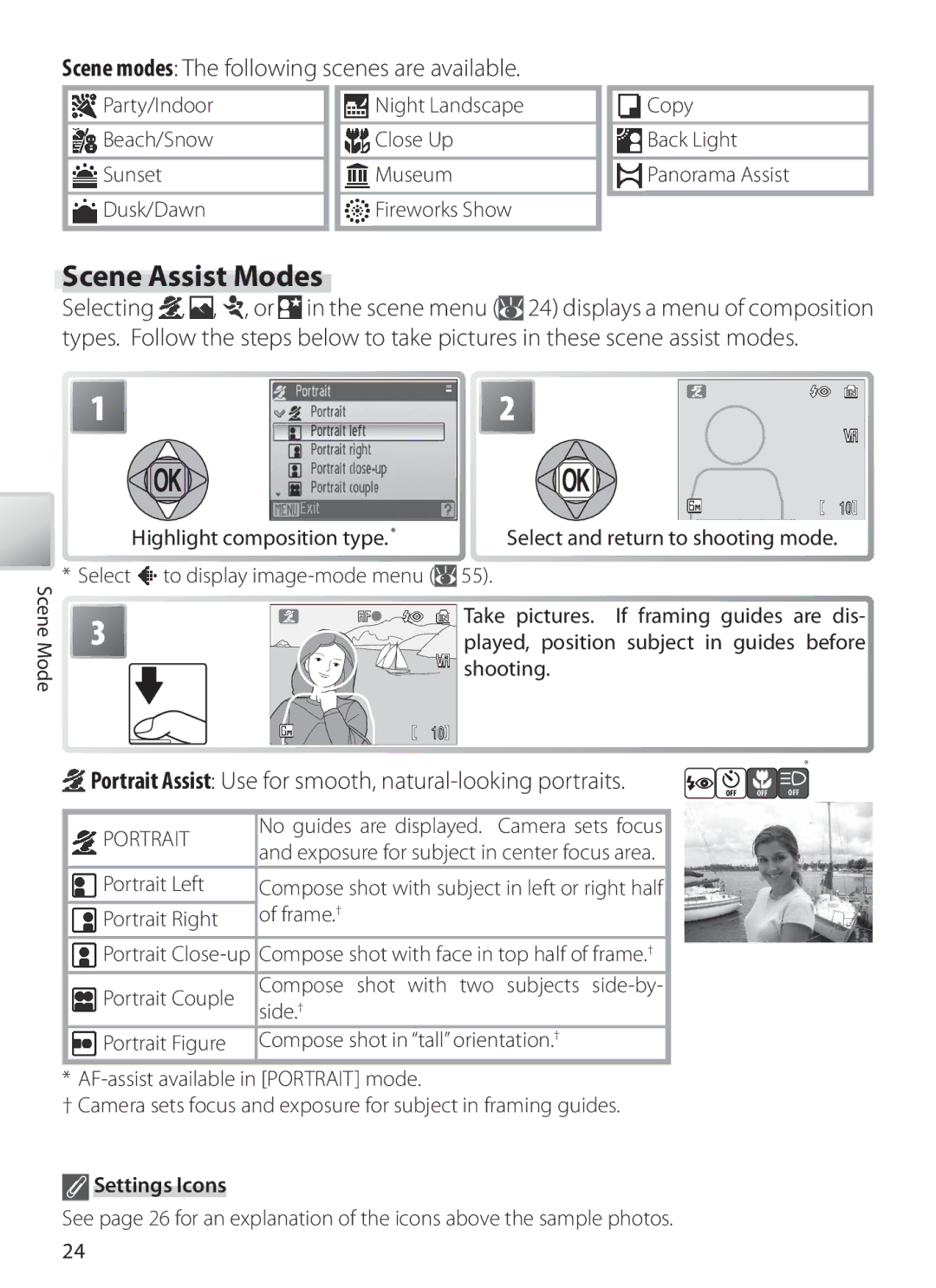 Nikon COOLPIXS10 manual Scene Assist Modes, Scene modes The following scenes are available, Settings Icons 