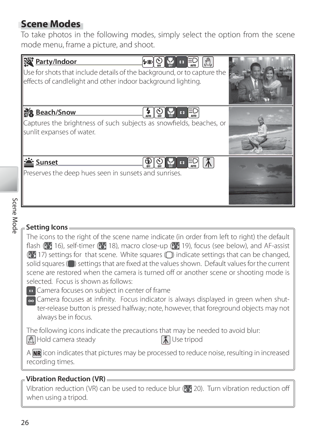 Nikon COOLPIXS10 manual Scene Modes, Party/Indoor, Beach/Snow, Sunset, Setting Icons 