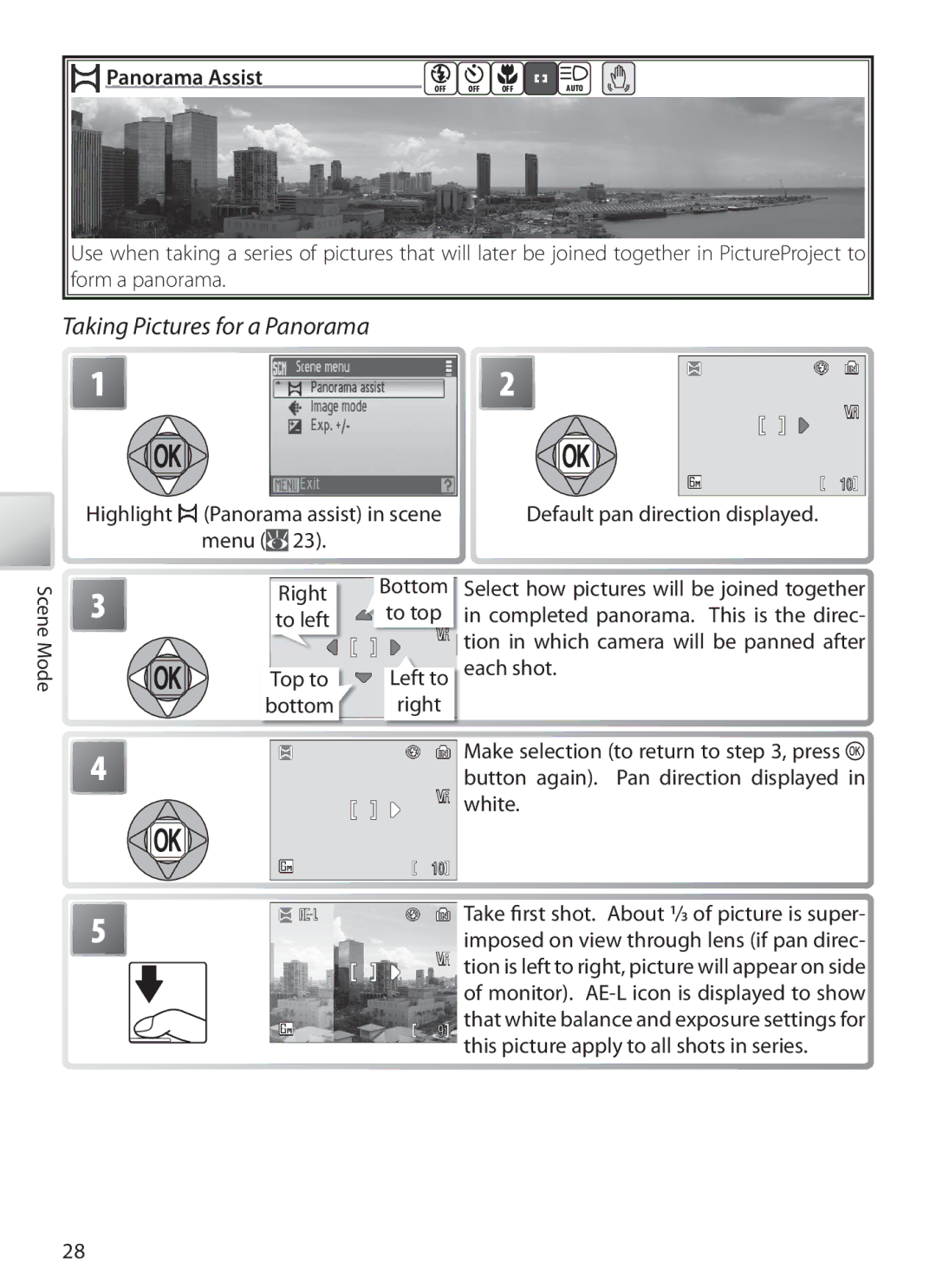 Nikon COOLPIXS10 manual Taking Pictures for a Panorama, Panorama Assist, Menu Right Bottom To top To left, Left to 