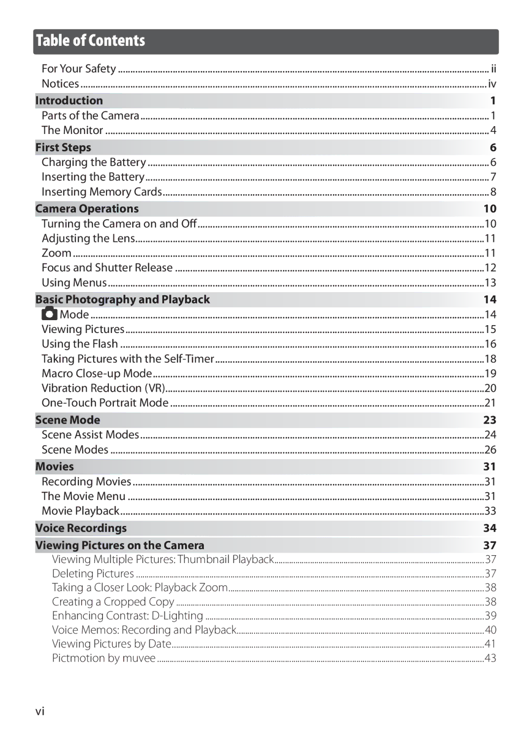 Nikon COOLPIXS10 manual Table of Contents 