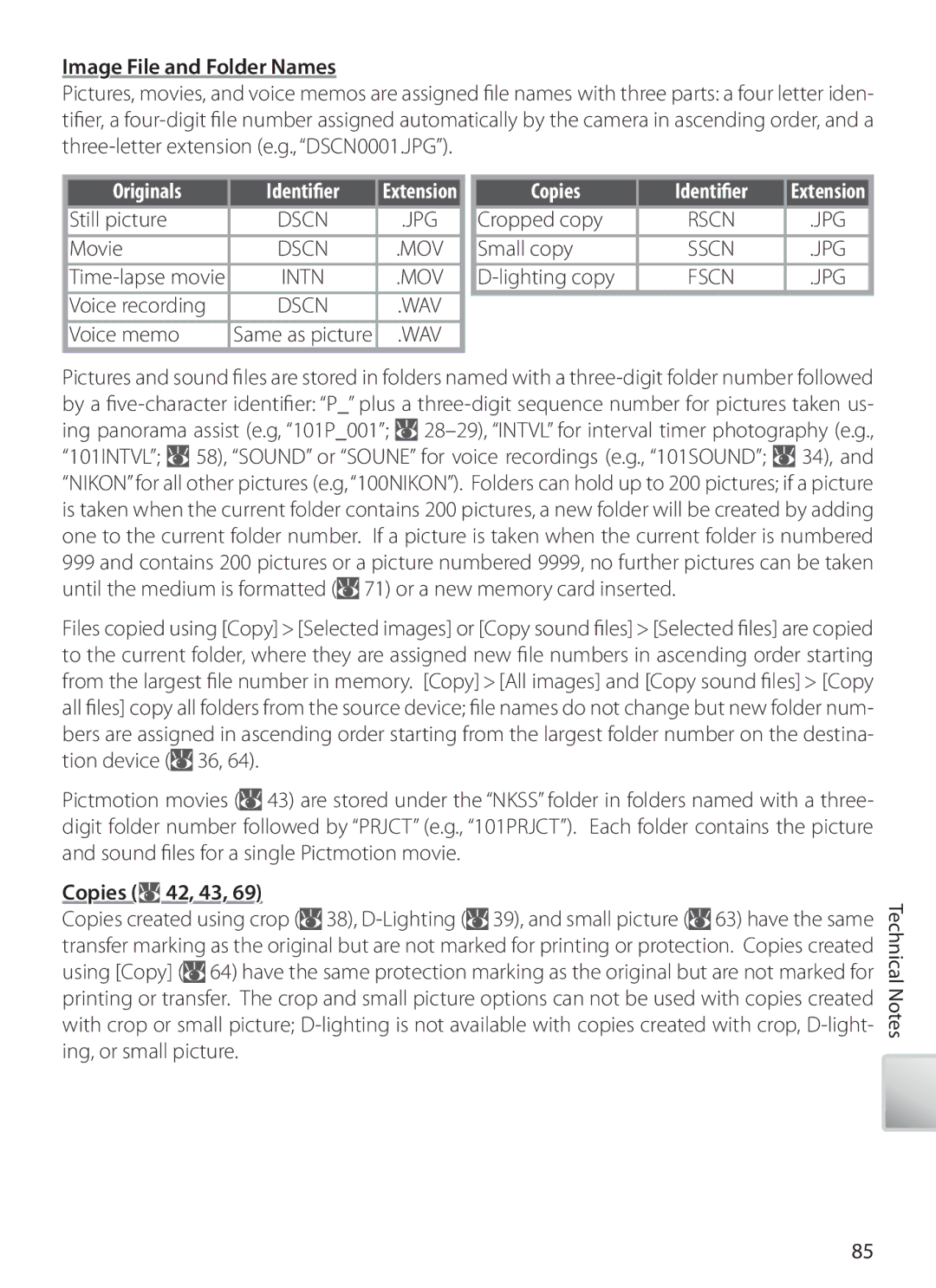 Nikon COOLPIXS10 manual Image File and Folder Names, Originals Identiﬁer, Copies Identiﬁer, Copies 42, 43 