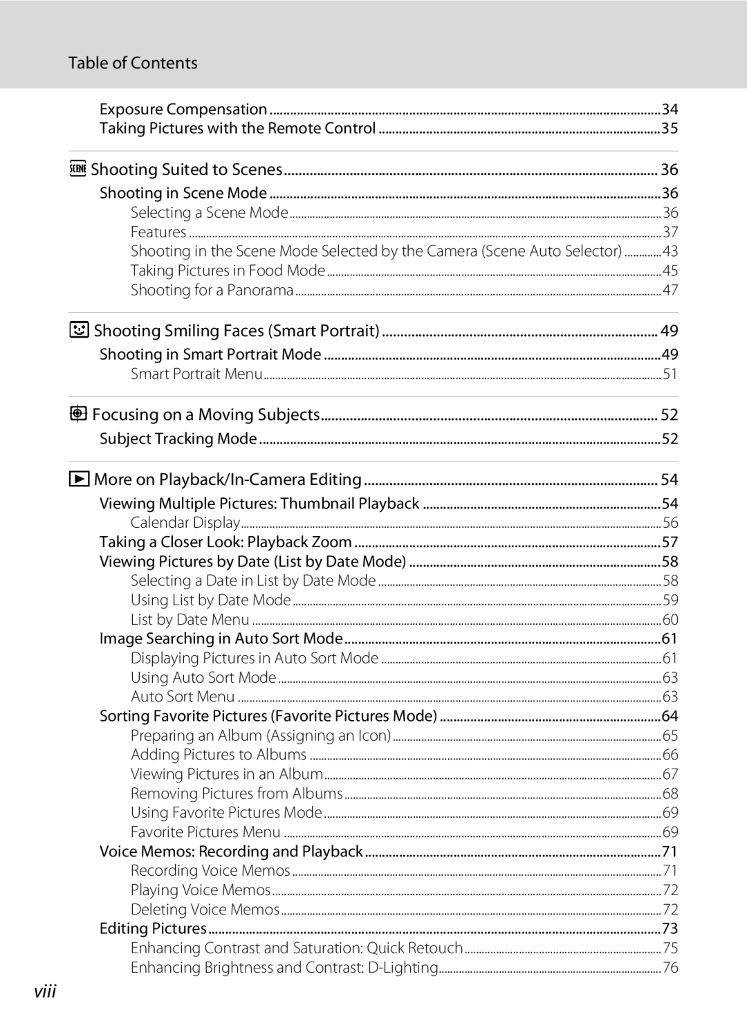 Nikon COOLPIXS1000PJ user manual Viii, Table of Contents 