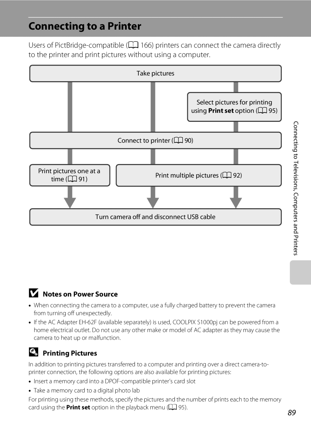 Nikon COOLPIXS1000PJ user manual Connecting to a Printer, Printing Pictures, Turn camera off and disconnect USB cable 