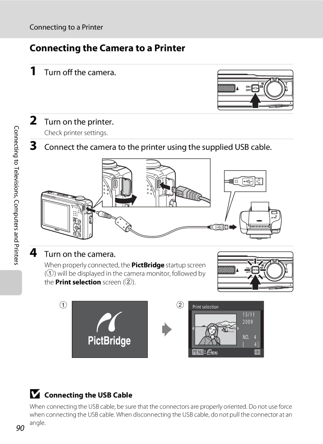 Nikon COOLPIXS1000PJ user manual Connecting the Camera to a Printer, Turn on the printer, Connecting to a Printer 