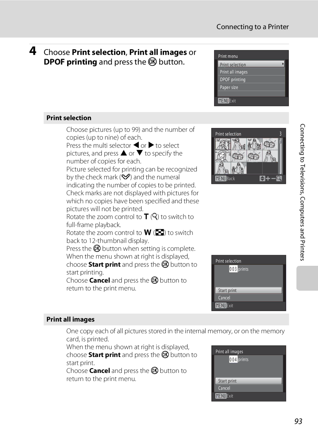 Nikon COOLPIXS1000PJ Print selection, Print all images, Card, is printed When the menu shown at right is displayed 