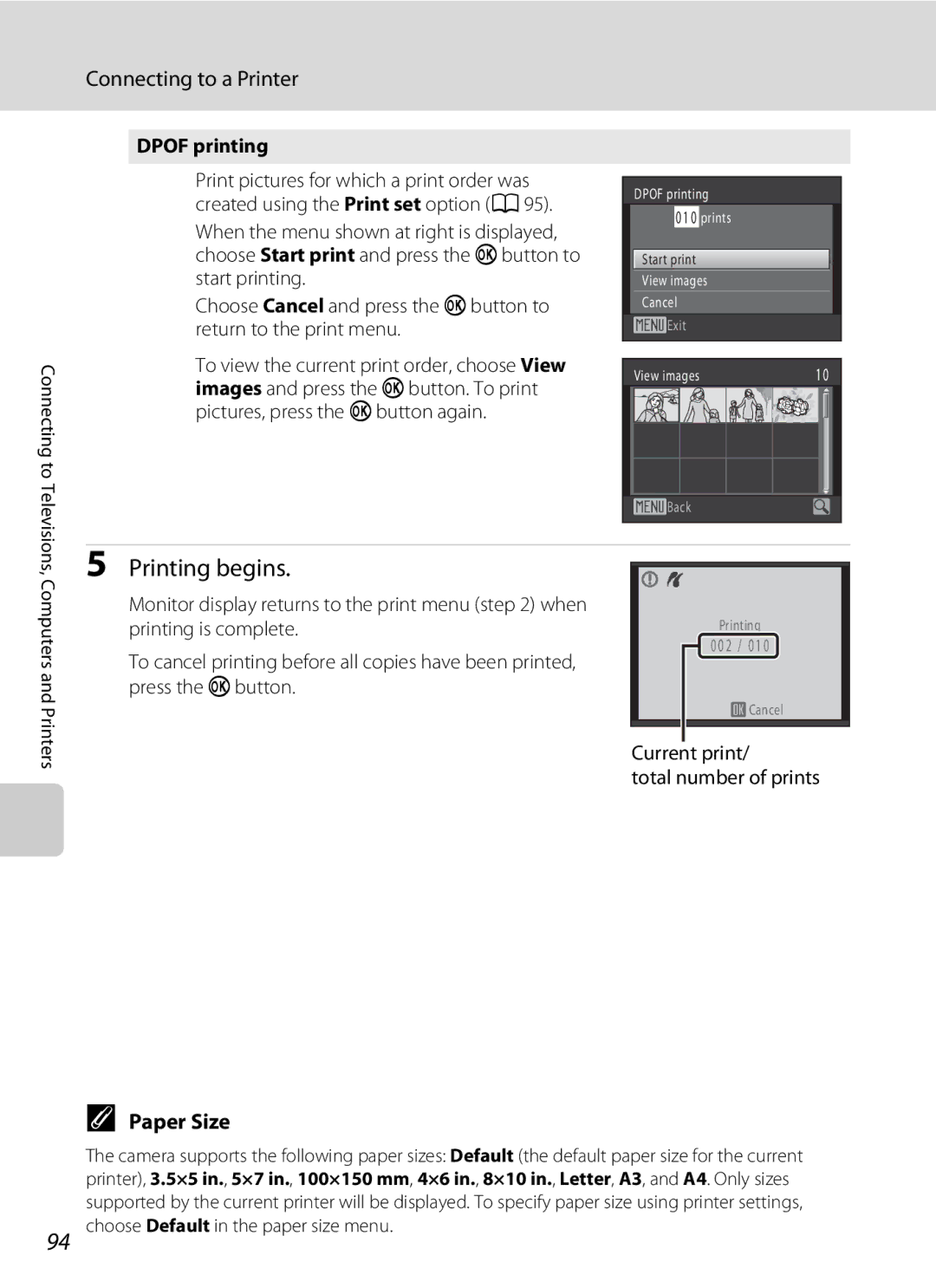 Nikon COOLPIXS1000PJ user manual Paper Size, Dpof printing, Pictures, press the k button again 