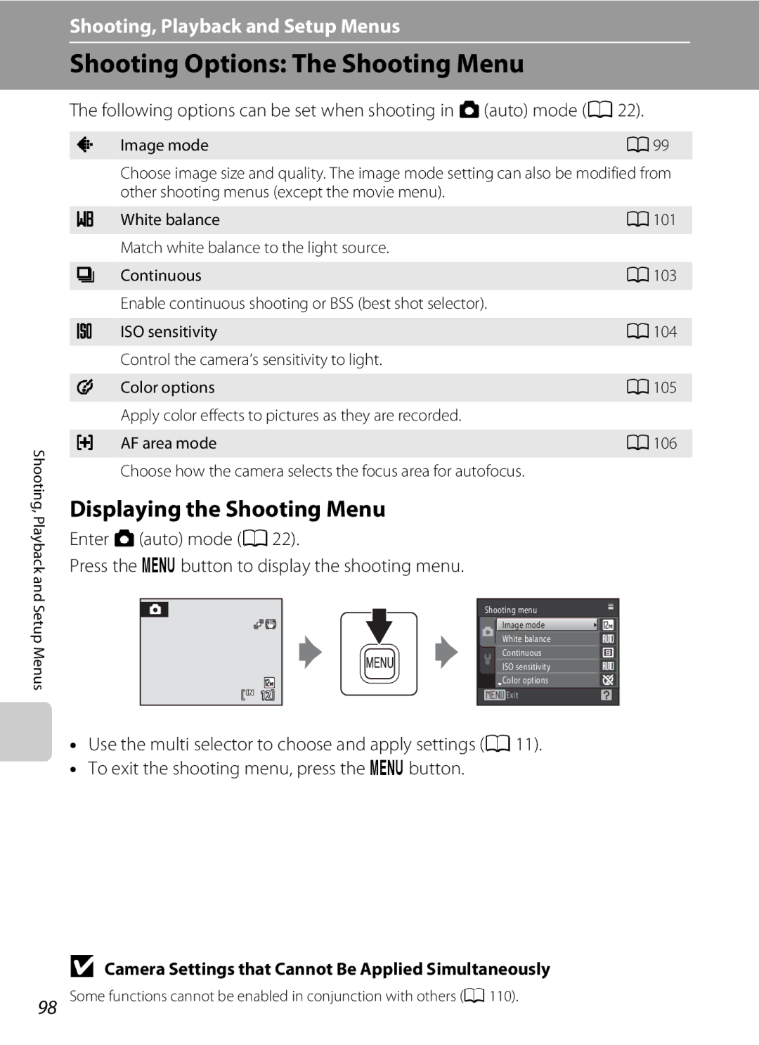 Nikon COOLPIXS1000PJ user manual Shooting Options The Shooting Menu, Displaying the Shooting Menu 