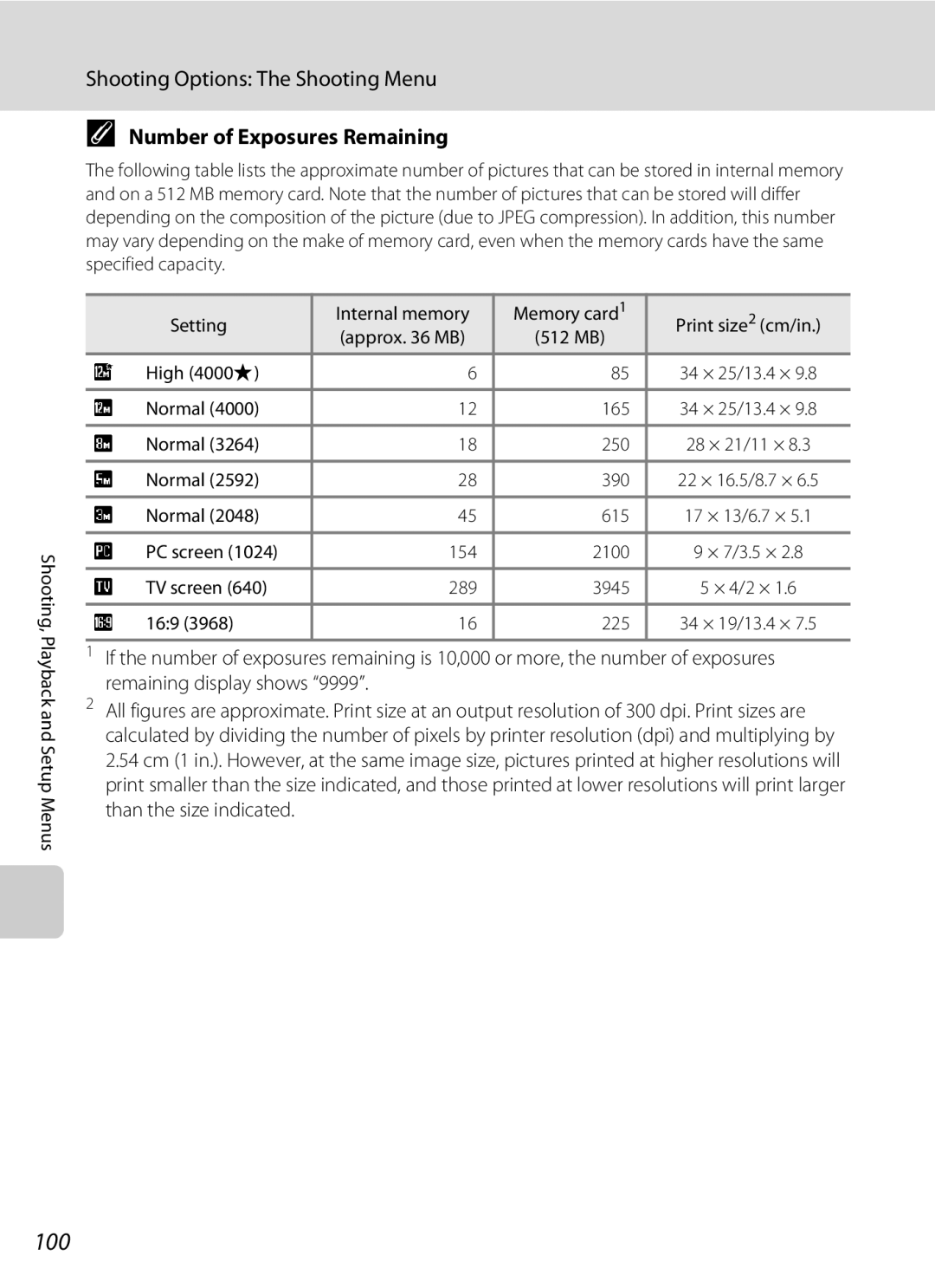 Nikon COOLPIXS1000PJ user manual Number of Exposures Remaining 